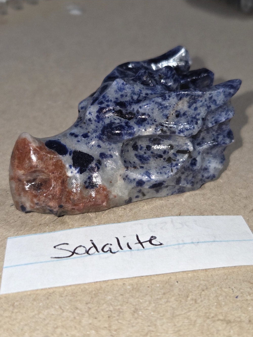 Detailed Sodalite Crystal Carved Dragon Head Stone Sculpture Decor
